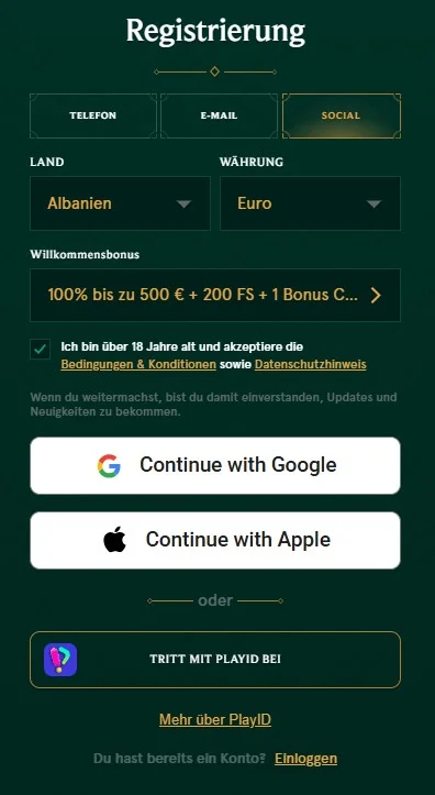 Casinia Casino registr